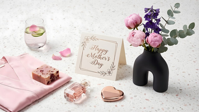 Happy Mothers Day Greeting Card With Pink Silk Robe Perfume Artisan Soap And Peonies In Modern Black Vase