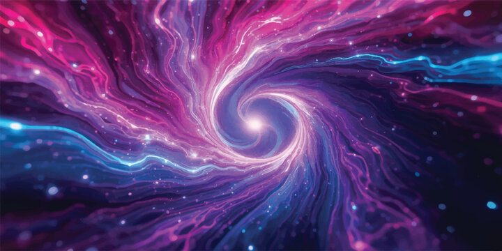 Vibrant abstract fractal background featuring a purple galaxy spiral and violet space vortex with pink stars and a swirl pattern texture for an artistic universe wallpaper design