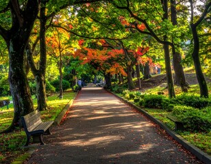 Fototapeta premium Autumnal park path lined with colorful trees