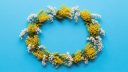 A beautiful floral wreath made of yellow and white flowers on a blue background