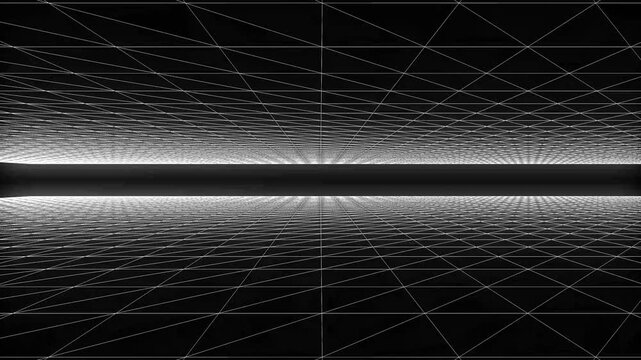 Glowing neon retro grid landscape, abstract cyberpunk wireframe animation with black and blue light, retro synthwave grid animation, cinematic 80s futuristic motion graphics asset 4k video