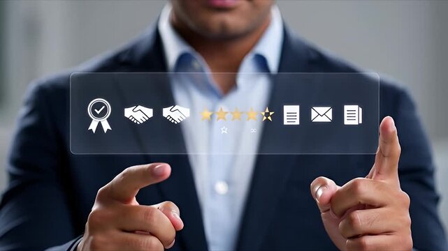 Businessman interacting with digital interface for rating and feedback