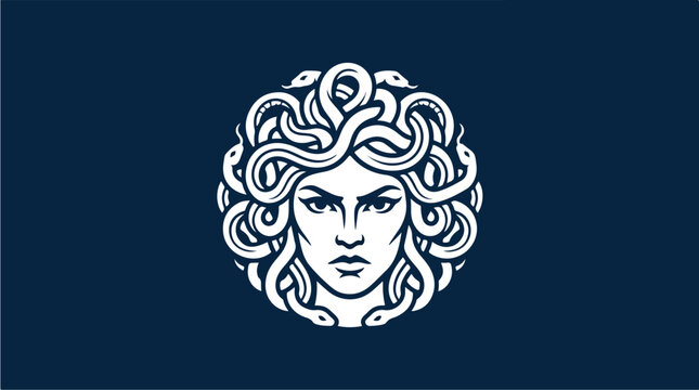 Medusa Head Logo Design White Outline Dark Blue Background.