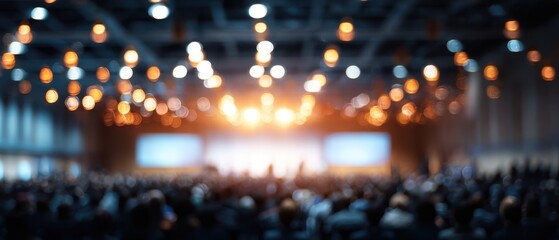 Obraz premium The audience at a large conference hall listening to a keynote with dramatic stage lighting