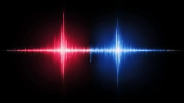 A neon sound wave illustration with red and blue pulsations, reflecting on a black void
