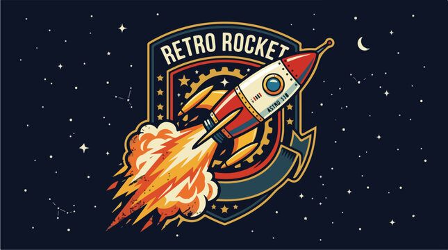 Retro Rocket Launching into Starry Night Sky.