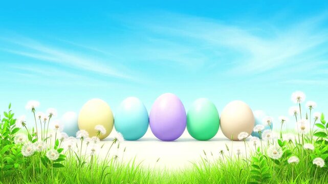 Colorful easter eggs in grass with flowers