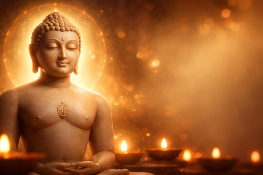 Tirthankar Lord Mahavir statue with golden aura celebrating Mahaveer Jayanti Jain festival spiritual devotion