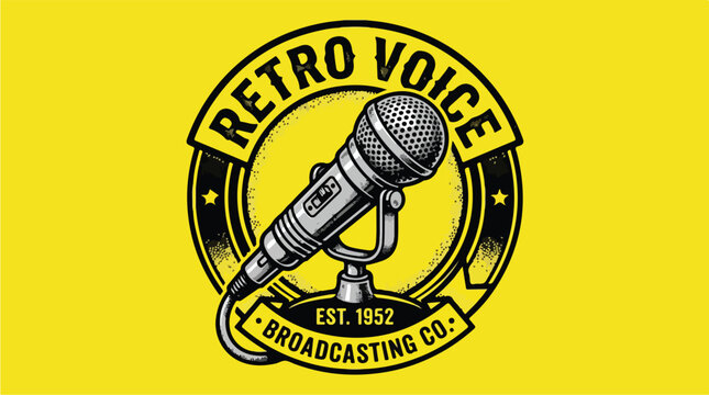 Retro Voice Broadcasting Company Vintage Microphone Logo.