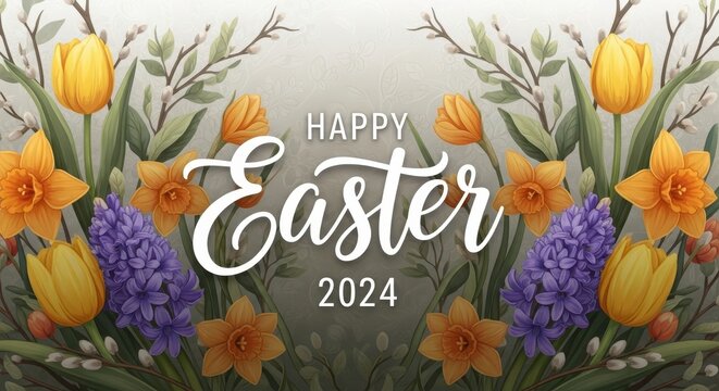 A festive greeting card design for happy easter 2024 featuring yellow flowers and purple buds
