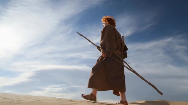 Esau, wandering and hunting in the open field with clear skies. Biblical story