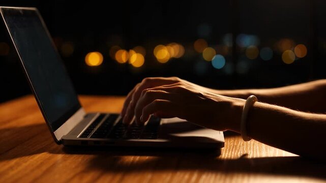 Person typing on laptop computer at night with city lights in background