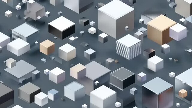 Abstract 3D composition of floating cubes in various sizes and colors, on a dark background