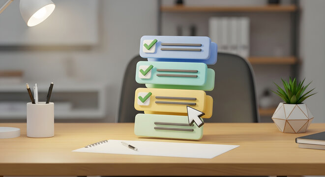 A stack of colorful checklists on a desk in a modern office with a computer mouse hovering over one