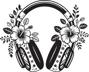 Headphones decorated with beautiful hibiscus flowers and leaves on transparent background
