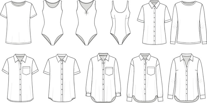 Fashion technical sketches of multiple tops and bodysuits with variations in neckline, sleeves, collars, and construction details front and back
