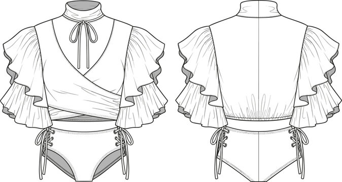 Fashion technical illustration of women&rsquo;s two-piece outfit with ruffle sleeve wrap top and lace-up high-waisted briefs front and back