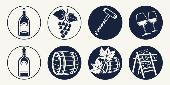 wine icons including bottle grapevine corkscrew glasses barrel Vector
