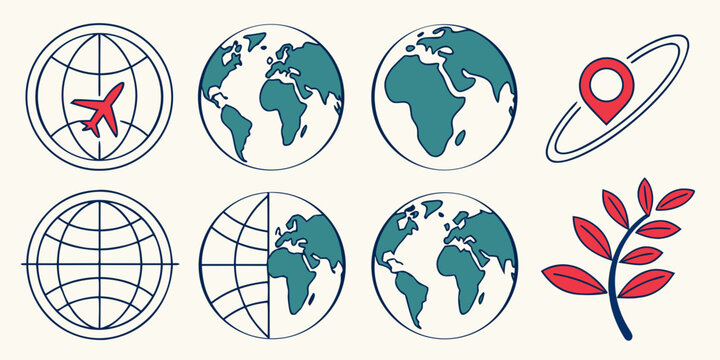 a set of icons featuring globes and a sprouting plant Vector