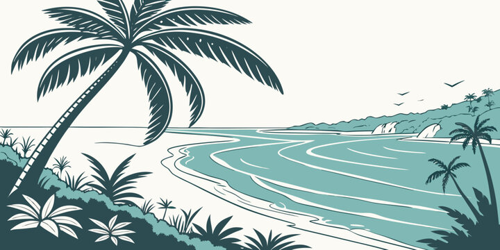 a tropical beach scene with a palm tree Vector