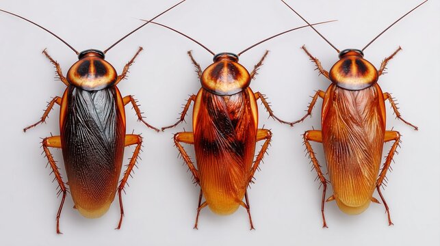 Top view of three brown cockroaches aligned on clean white background