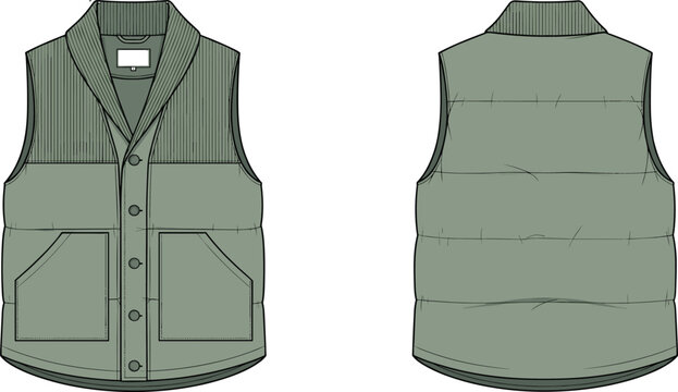 Technical fashion illustration of sleeveless vest with ribbed shawl collar, quilted back, patch pockets, and button front closure design