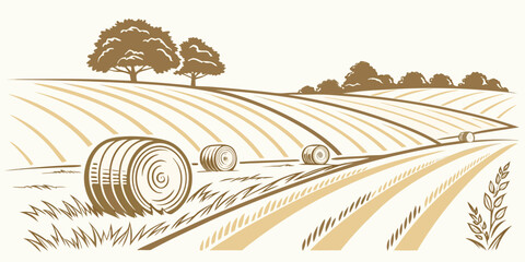 a field with hay bales and trees in the background Vector © Akshay