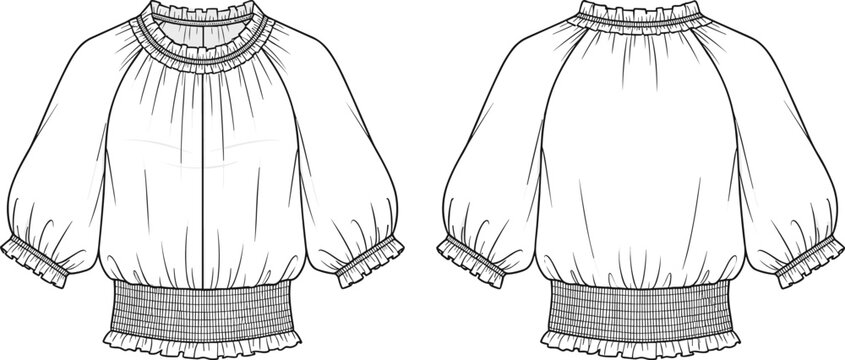 Technical fashion illustration of women&rsquo;s blouse with round neckline, ruffled trim, puff sleeves, smocked waistband, and gathered fabric details
