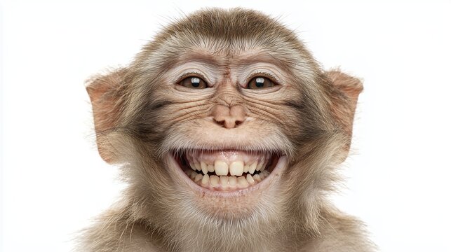 Portrait of a monkey laughing with wide open mouth revealing teeth on plain white background for viral funny meme