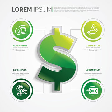 A financial infographic template with a large dollar sign and four circular icons representing different aspects of money.