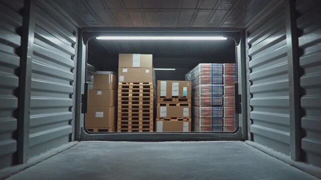 A large, open shipping container storing stacked boxes and pallets in a dimly lit warehouse background for logistics use