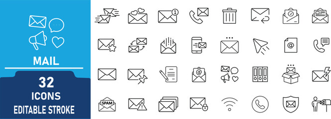 Mail and Email Communication Line Icon Set. Contain to related icons inbox, message, notification, send mail, spam, contact and messaging service. Editable stroke. Vector illustration.