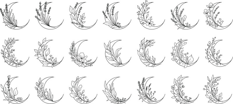 Minimalist Celestial Crescent Moon Floral Vector Set Featuring Hand Drawn Mystical Wildflowers and Leaves for Boho Astrology Tattoo Designs and Logos