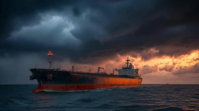 Giant oil tanker halted at sea by naval forces beneath dark storm clouds. Dramatic scene symbolizing global oil crisis, maritime control, and geopolitical tension affecting energy supply routes.