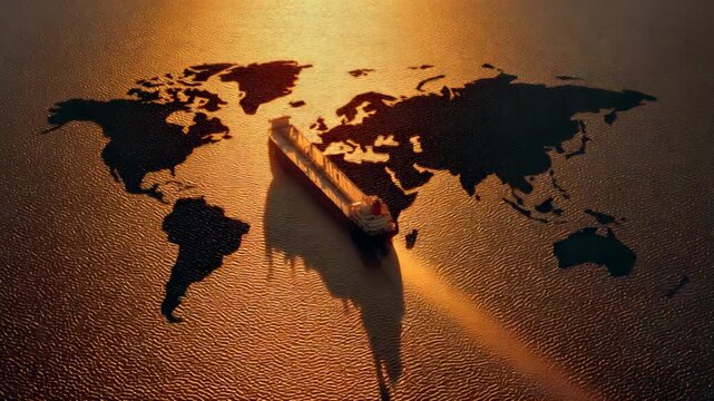 oil tanker drifting on waste ocean with shadow of world map on water surface, 