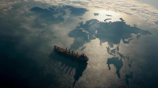 oil tanker drifting on waste ocean with shadow of world map on water surface, 