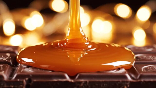 Caramel pouring on chocolate candy bar with golden lights in background for dessert or sweet treat advertising