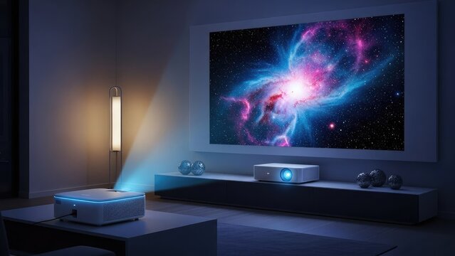 A modern living room with a projector and screen displaying a galaxy scene