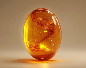 Amber Glass Egg with Swirling Liquid Patterns, Translucent amber orb with fluid swirls and bubbles, photorealistic, elegant decor for modern design and luxury branding.