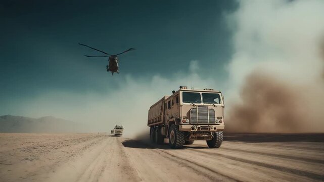 Armored military vehicle driving on a dusty road while a helicopter flies overhead. Dramatic battlefield scene symbolizing military operation, air support, and modern warfare movement.