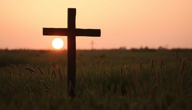 A serene cross stands in a peaceful field at sunset during a moment of Christian worship and reflection.