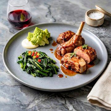 Gebratenes Lammkarree mit Romanesco, sautiertem Blattgem&uuml;se und Rotwein auf Marmortisch &ndash; Gourmet-Hauptgang
