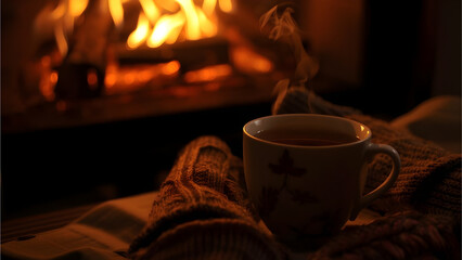 Steaming cup of tea or coffee on knitted mittens with warm firelight background, cozy winter atmosphere, relaxation, comfort and seasonal lifestyle concept photography