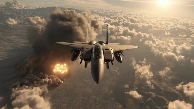 Fighter jet flying above a battlefield through thick clouds, symbolizing modern air combat, military power, and high speed tactical operations in a dramatic warzone atmosphere.
