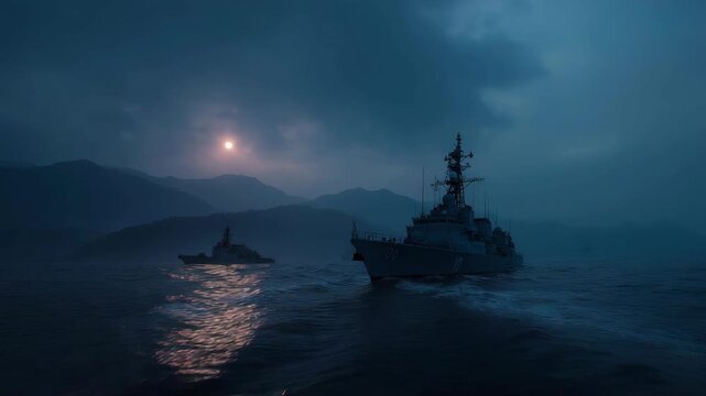 Military naval fleet patrolling the ocean at night, warships moving through dark waters during a security mission, representing maritime defense, naval operations, and modern military presence at sea.