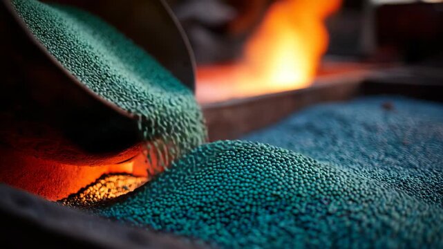  a lot of fertilizer grain with burning flame of war as background