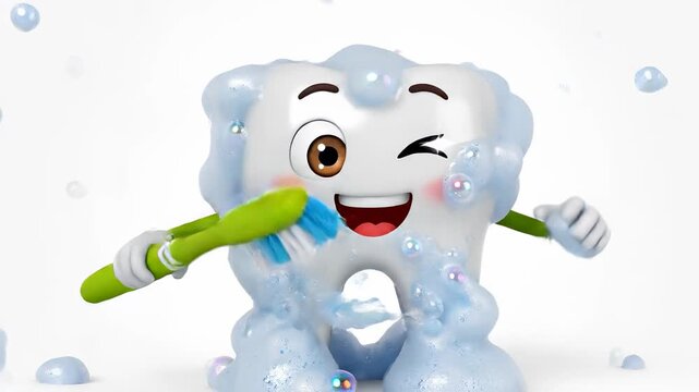 Cute 3D tooth mascot brushing itself with foam and sparkles. Isolated on a white background for dental hygiene education and commercial ads for kids.