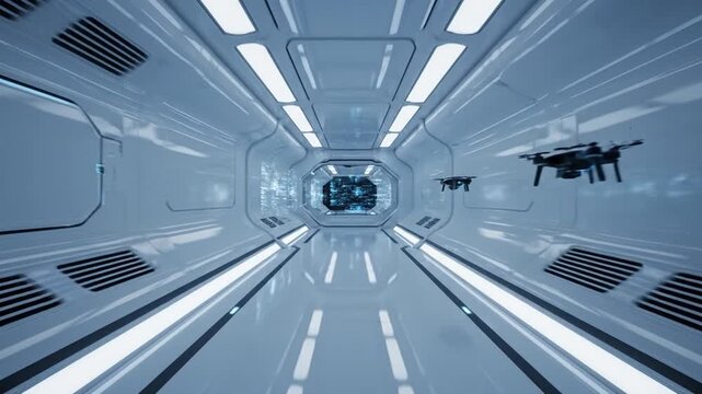 Futuristic spaceship interior with corridor and control panel in background, used for sci-fi concepts
