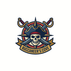 Fototapeta premium This striking logo features a menacing pirate skull, crossed swords, and vibrant colors that embody the adventurous spirit of buccaneering and treasure hunting on the high seas.