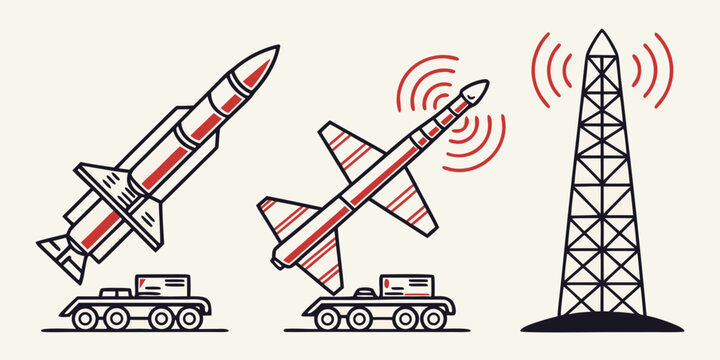 a rocket, an airplane, and a cell tower with signal waves Vector